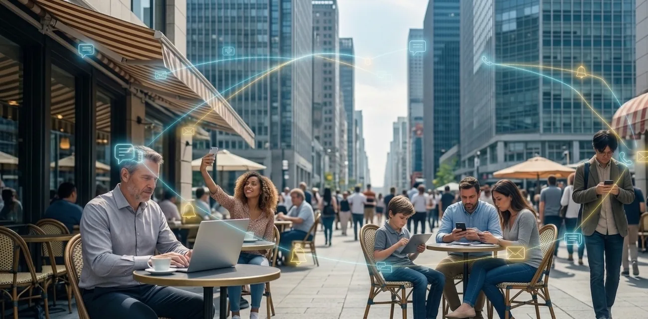 People using digital devices in a smart city environment representing online safety and cybersecurity awareness